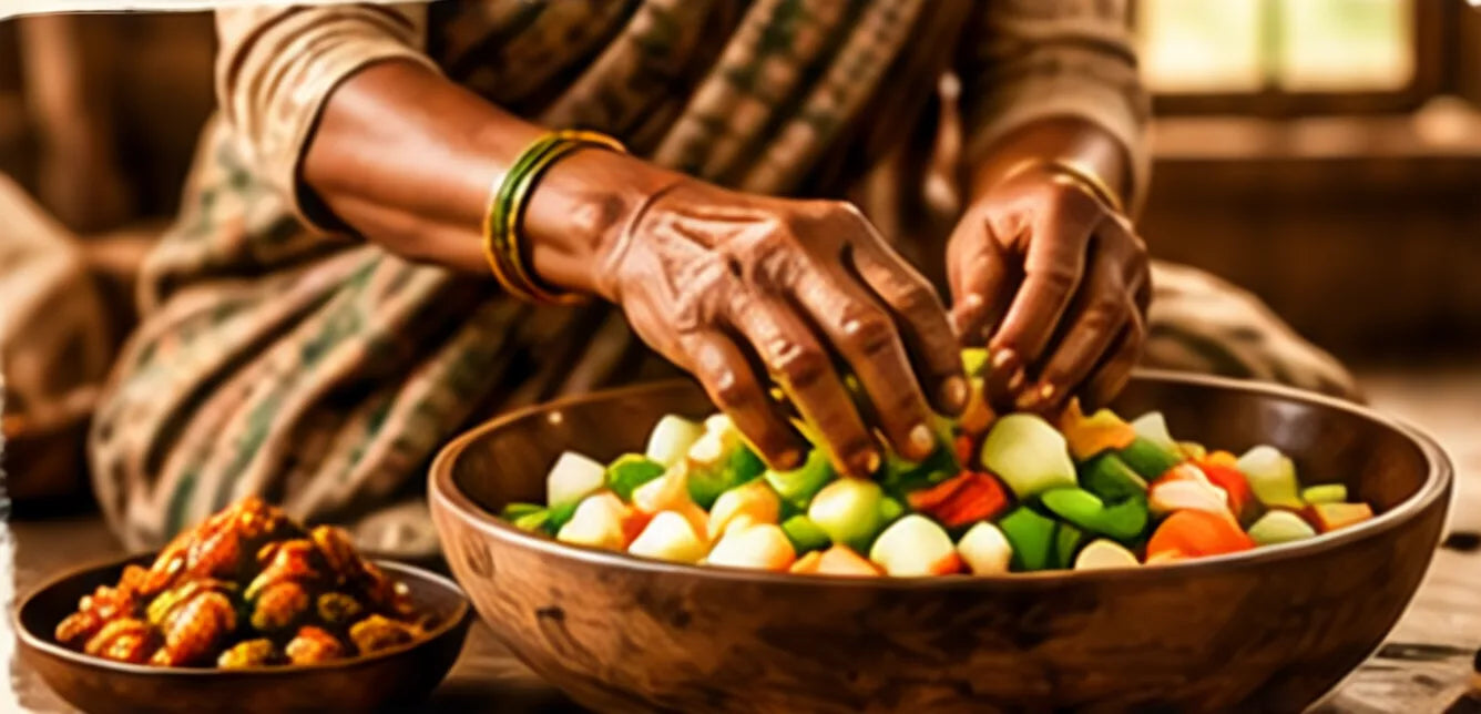 Nani’s hands mixing fresh vegetables for pickle in a wooden bowl